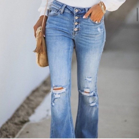 New KanCan Distressed Button Fly Flare Leg Jeans Bell Bottoms - Picture 7 of 16